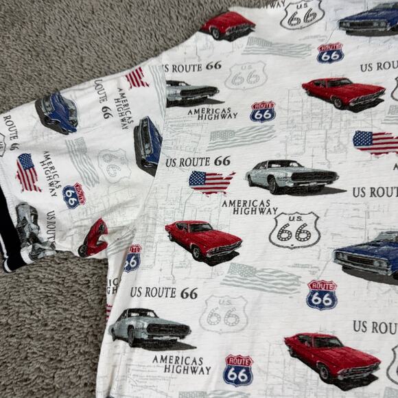 VINTAGE Route 66 Polo Shirt Mens Extra Large White Muscle Car All Over Print - Picture 6 of 10
